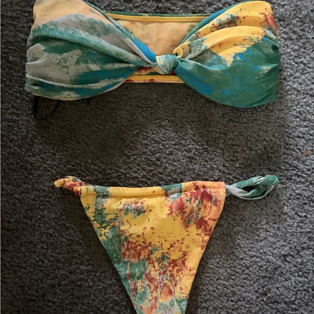 Fashion Nova Green & Yellow Tie-Dye Bikini Set with Sheer Sarong - Picture 5 of 8